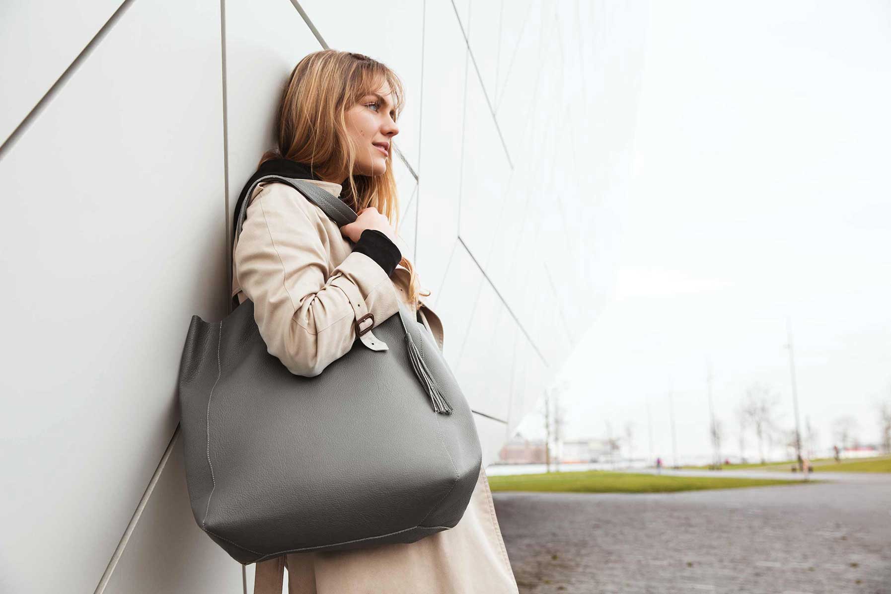 Visuel Sac Grand Shopper Cuir Gris Ciment sans pompon - ordinari.shop